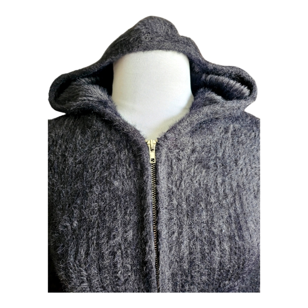 Cozy Gray Zip Up Sweater with Hood and Fuzzy Fabric